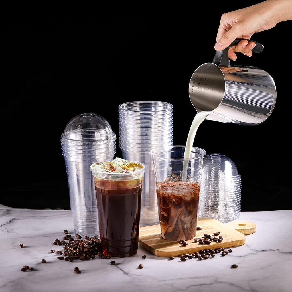 Okllen 100 Pcs 24 Oz Plastic PET Cups with Dome Lids, Disposable Clear Cold Drinking Cups Coffee Cups for Party, Plastic to Go Drinking Cup for Beverages, Smoothie, Milkshakes, Ice Cream, No Straw