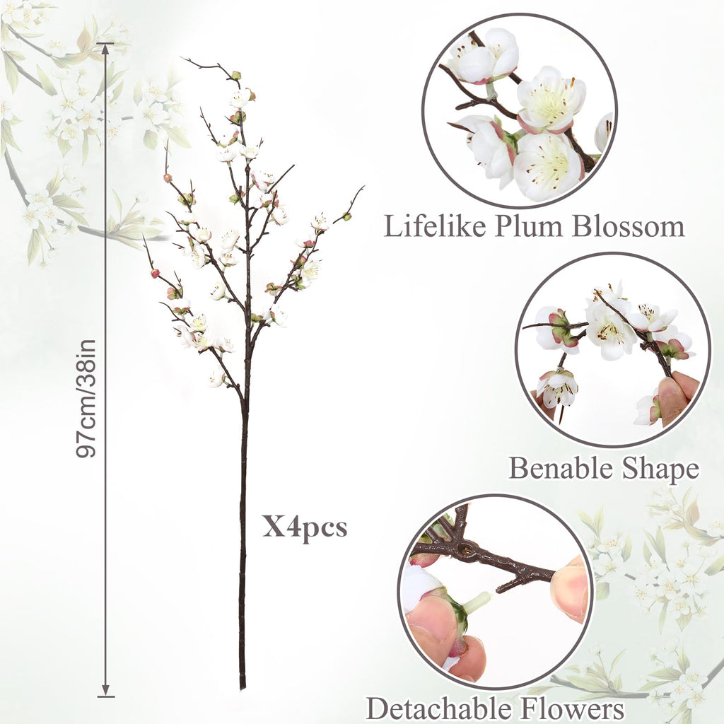 Betylifoy Artificial Plum Blossom Flowers 4Pcs Faux Silk Cherry Blossom 38" Long Stems Fake Plum Blossom Branches Artificial Silk Flower for Flowers Arrangement Wedding Home Table Decor (White, 4PCS)