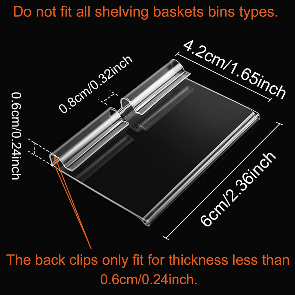 Baoswi Basket Labels Clip On,50PCS Clear Plastic Bin Clip Labels for Baskets,Wire Shelf Price Labels,Labels for Storage Bins,Merchandise Sign Display Holder,50PCS 6X4CM Label Inserts Included