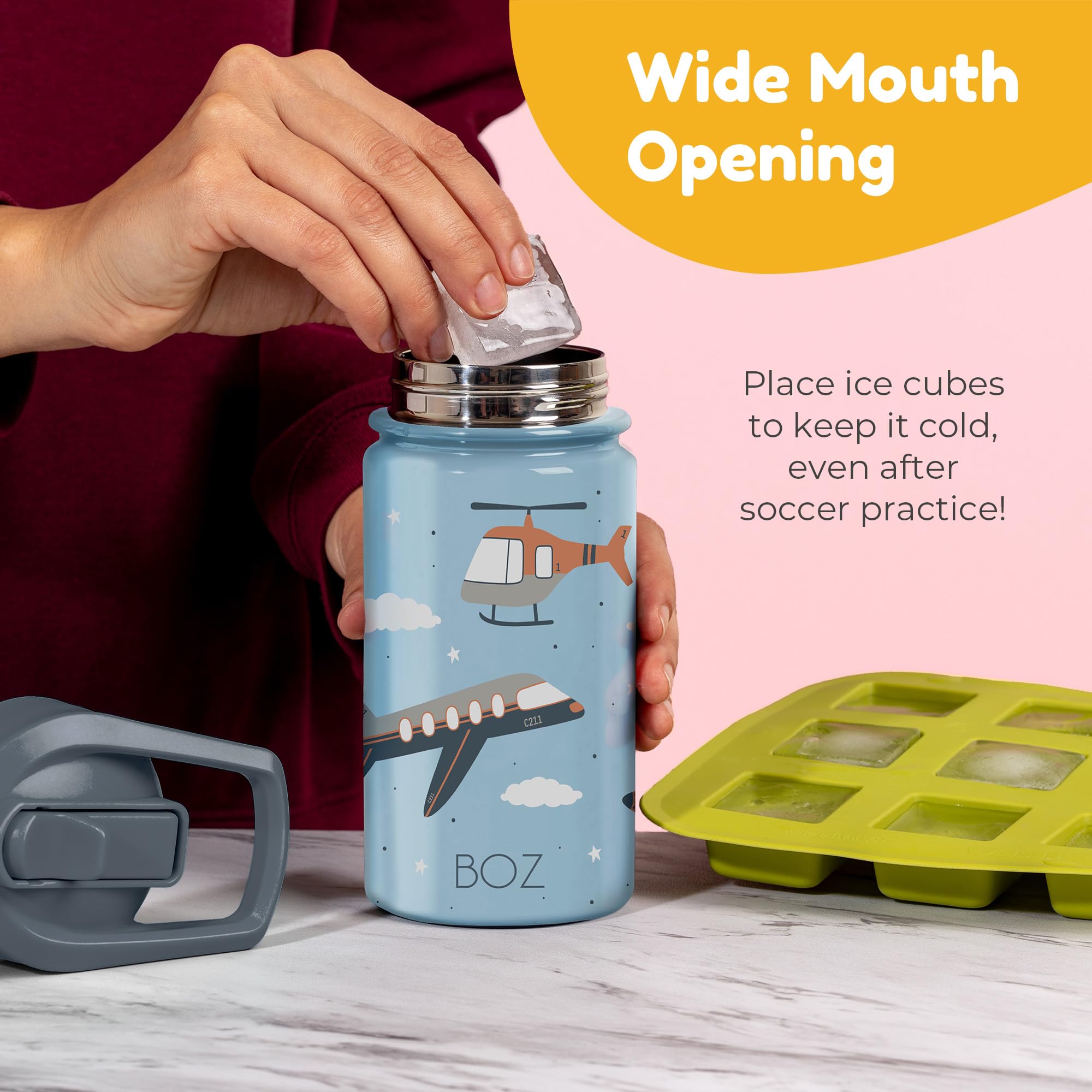 BOZ Kids Insulated Water Bottle with Straw Lid, Stainless Steel Vacuum Double Wall Water Cup, 14 oz (414ml). Scratch-Resistant Cute Print and Carry Handle, BPA-Free and Dishwasher-Safe (Construction)