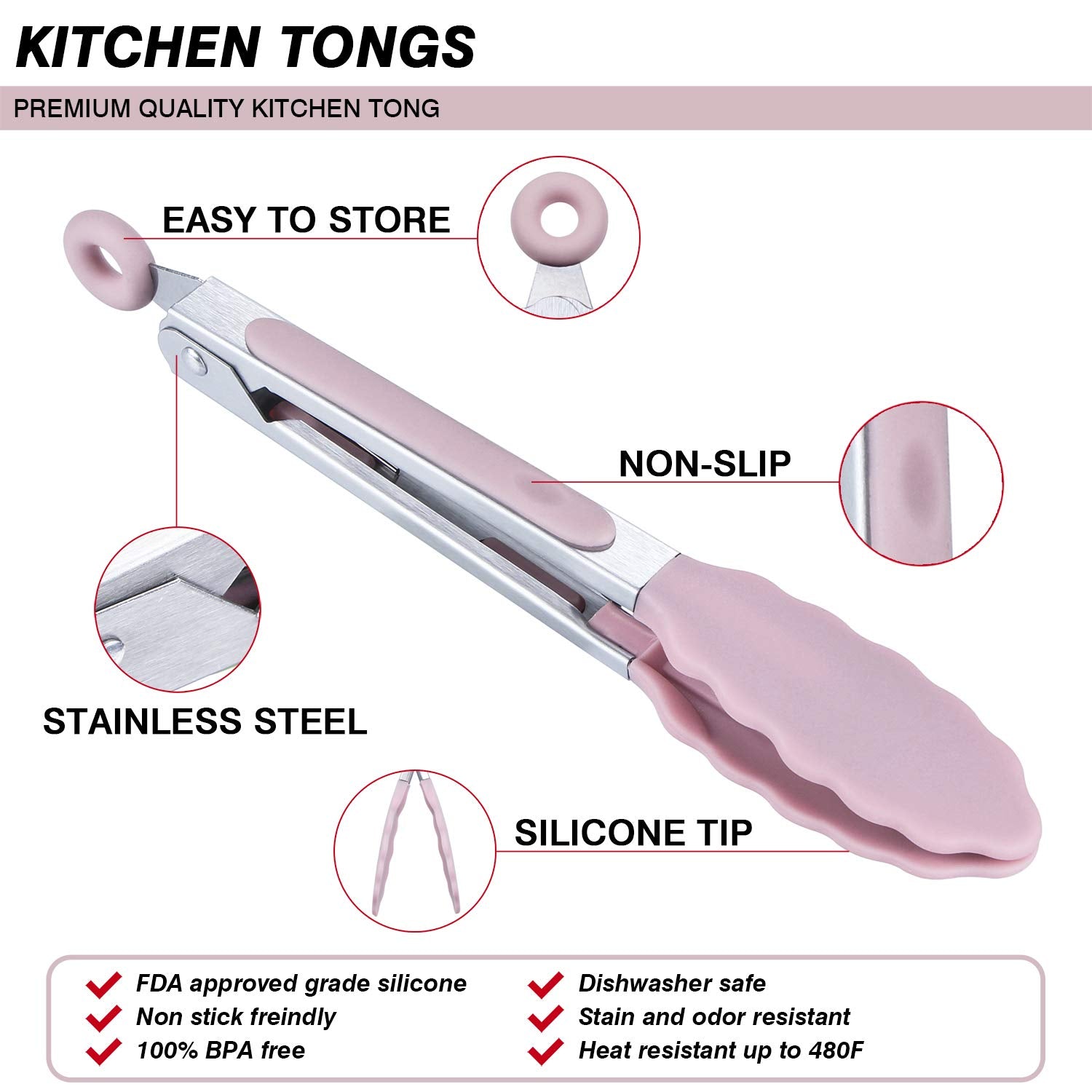 MSY BIGSUNNY Kitchen Food Tongs - 7" Mini Silicone Serving Tongs - Set of 3 (Pink)