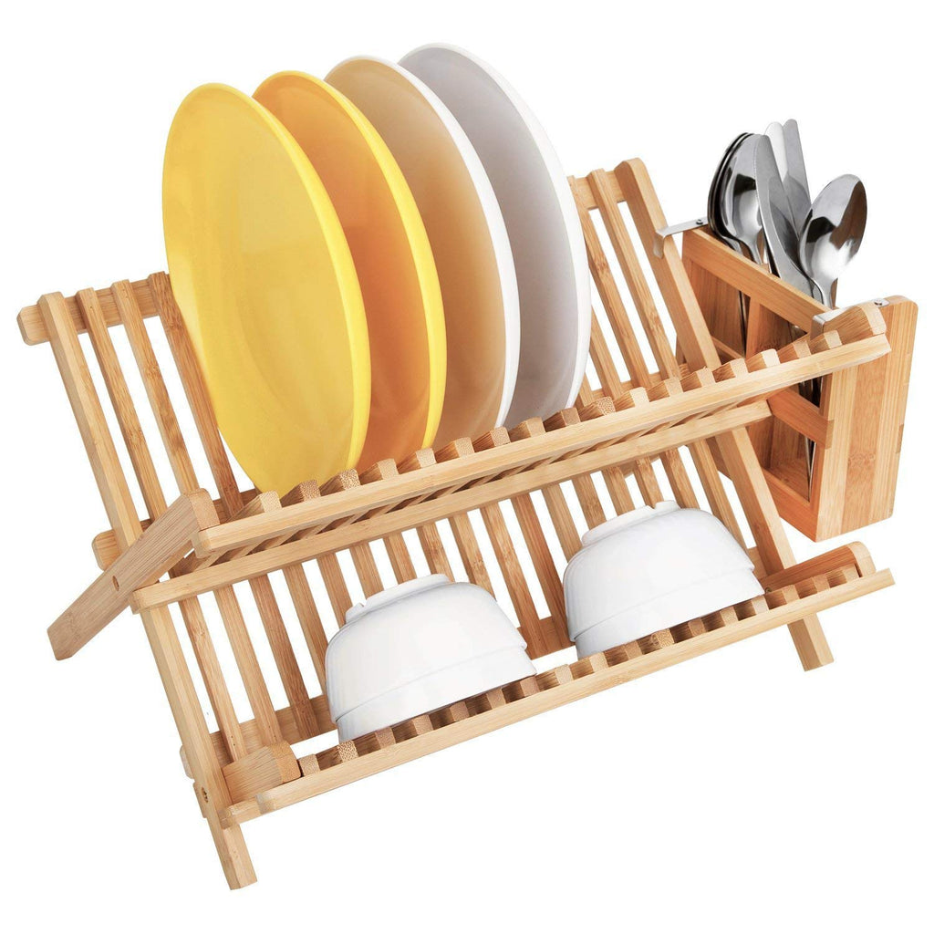 Lawei Bamboo Dish Drying Rack with Utensil Holder - Collapsible Dish Drainer Foldable Dish Rack Bamboo Plate Rack for Plates, Cups, Mugs, Utensil, Flatwares
