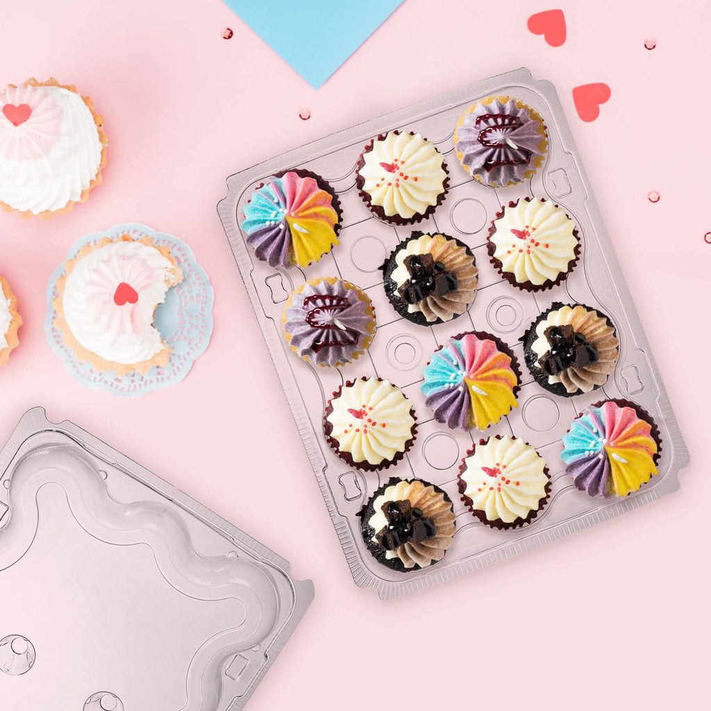 AVLA 24 Pack Plastic Cupcake Containers, 12 Counts Stackable Cupcake Carrier, Mini Cupcake Box with Detachable Secure High Top Lid, Disposable Cupcake Holder Trays, Muffin Packaging Transporter To Go