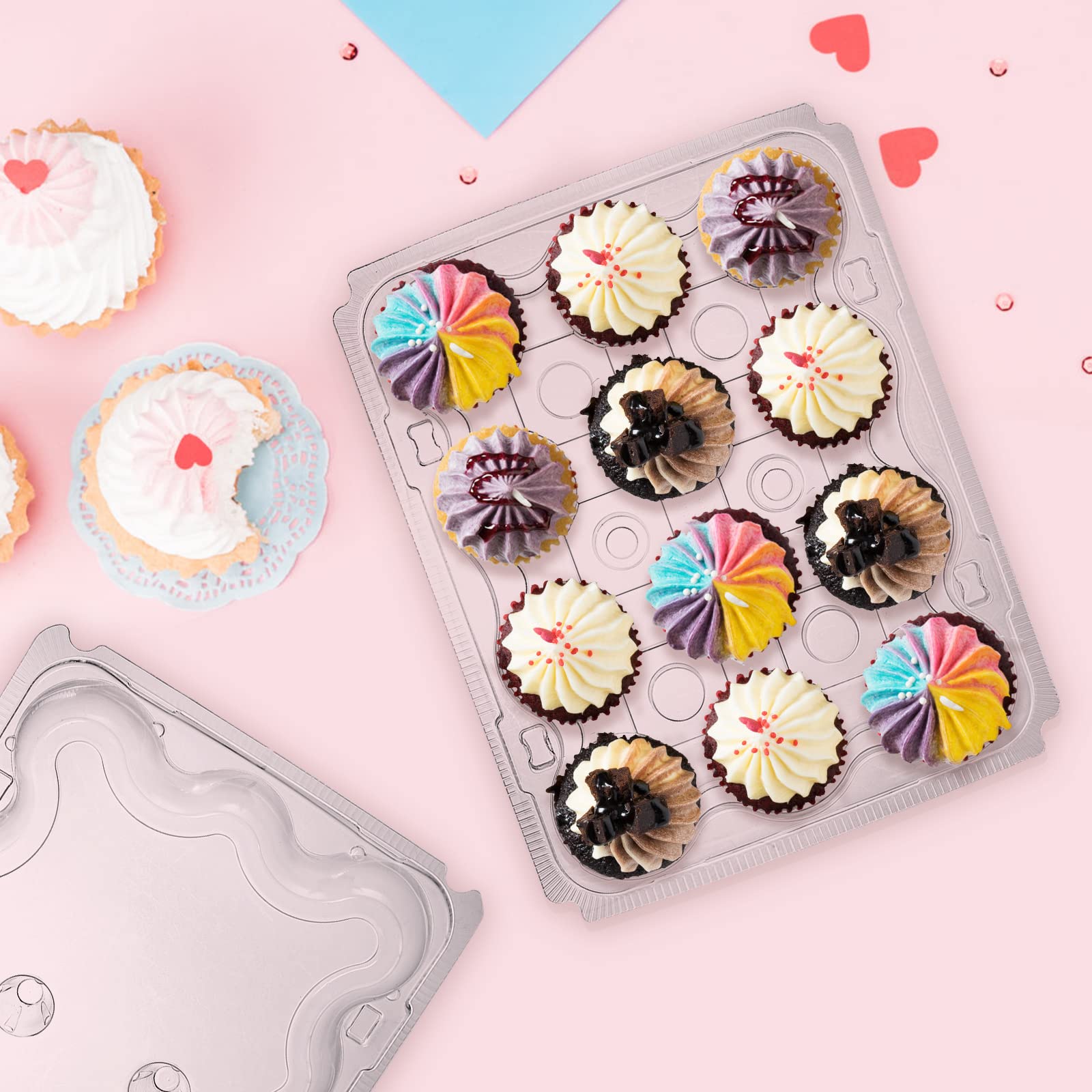 AVLA 24 Pack Plastic Cupcake Containers, 12 Counts Stackable Cupcake Carrier, Mini Cupcake Box with Detachable Secure High Top Lid, Disposable Cupcake Holder Trays, Muffin Packaging Transporter To Go