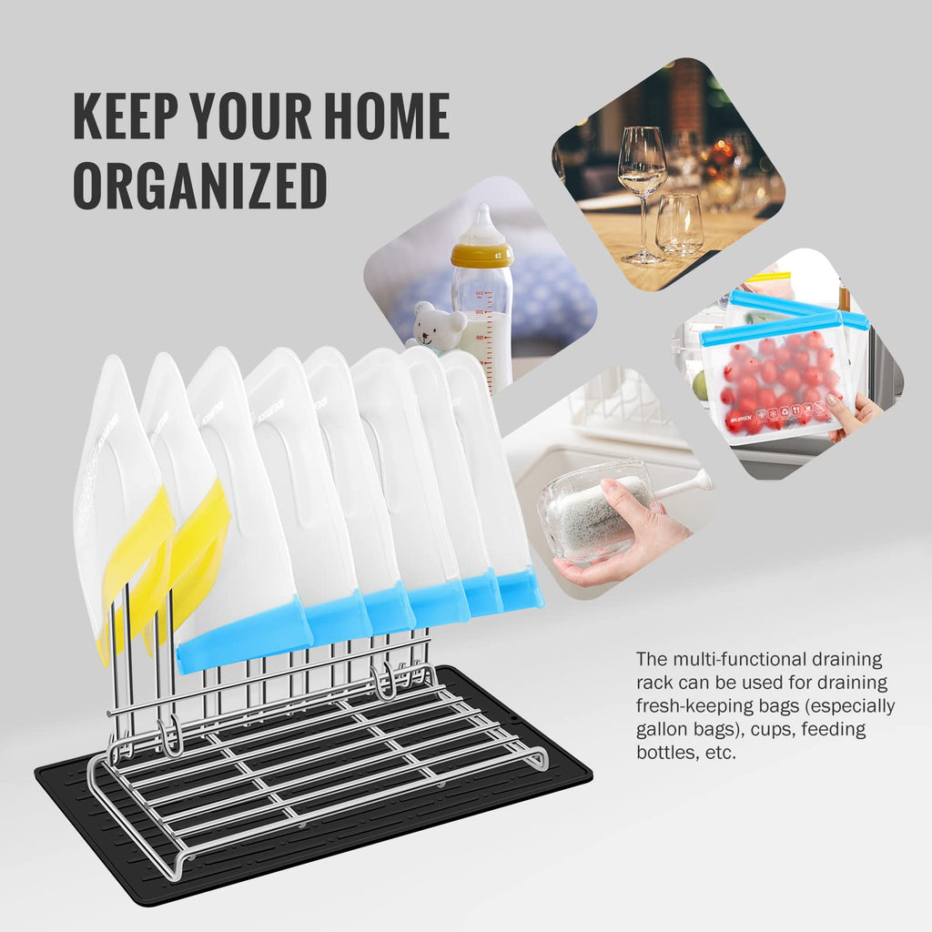 IDEATECH Reusable Bag Rack with Cup Drying Mat,Plastic Bag Dryer Rack Dish Drying,Collapsible Kitchen Counter Storage Organizer Sponge Holder for Silicone Storage Bag,Kitchen Must Have