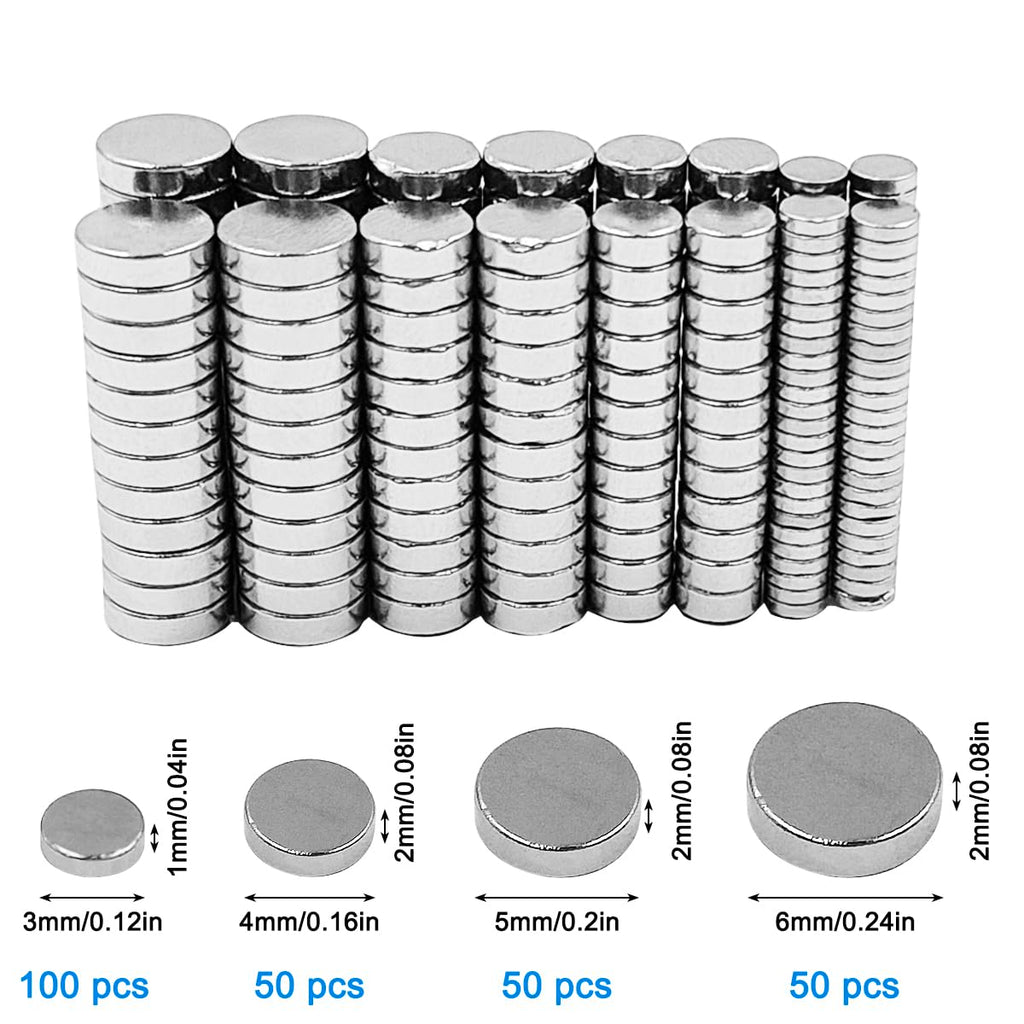 250 Pcs Small Strong Magnets, Tiny Thin Mini Magnets,100 Pcs 3X1mm, 50 Pcs 4x2mm, 50 Pcs 5x2mm, 50Pcs 6x2mm, Round Small Magnet, for Crafts, Whiteboard, Fridge, Kitchen, Office