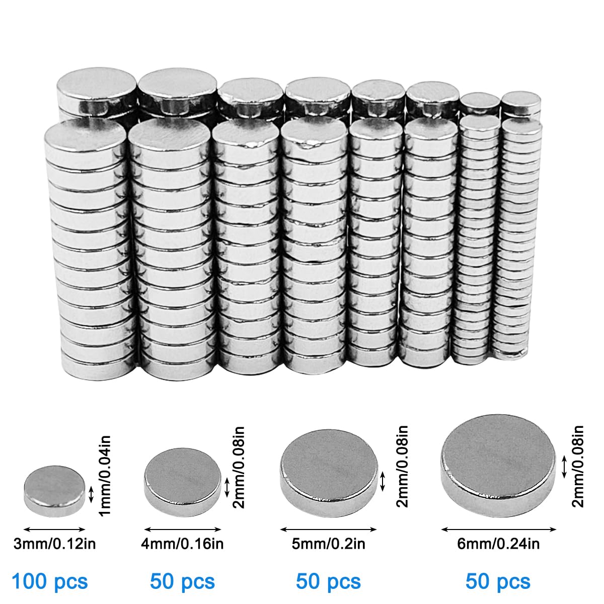 250 Pcs Small Strong Magnets, Tiny Thin Mini Magnets,100 Pcs 3X1mm, 50 Pcs 4x2mm, 50 Pcs 5x2mm, 50Pcs 6x2mm, Round Small Magnet, for Crafts, Whiteboard, Fridge, Kitchen, Office