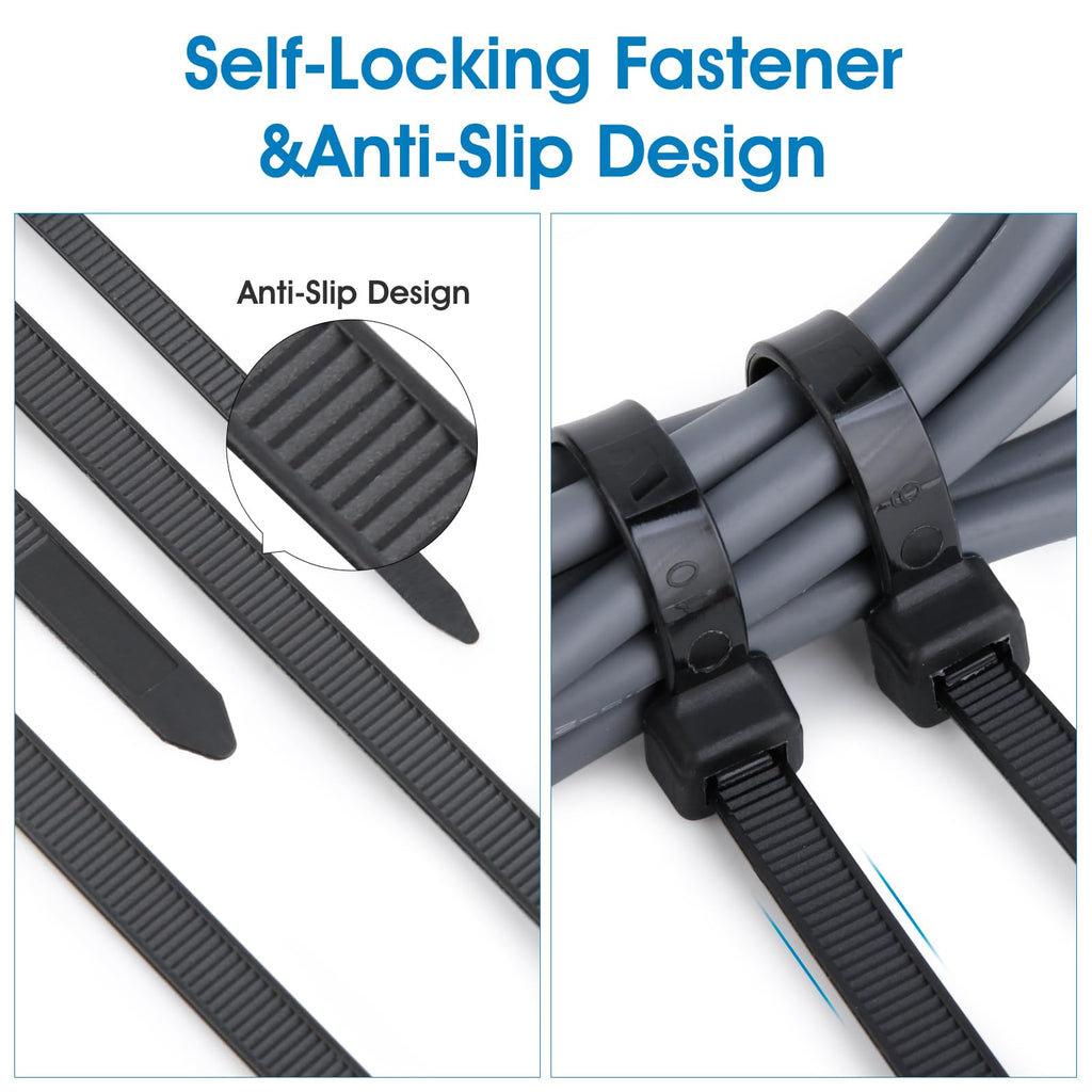 1000 Pack Zip Ties, 8 inch Cable Ties Black, Long Plastic Tie Wraps, Tensile Strength 40lbs, Cable Management Self-Locking Heavy Duty Nylon Wire Ties UV Resistant for Outdoor and Indoor