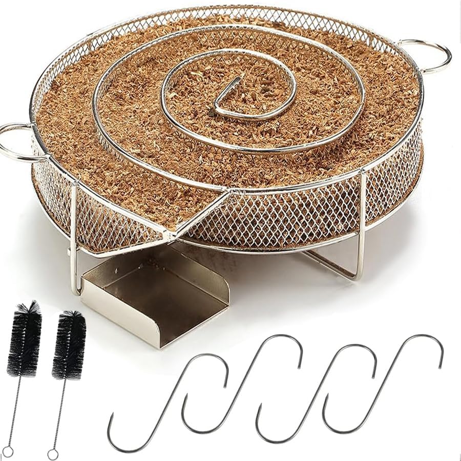 Cold Smoke Generator for BBQ Grill or Smoker Wood Dust Hot and Cold Smoking Salmon Meat Burn, Stainless Steel Pellet Smoke Generator with Brush and Hooks, Round Cold Smoker Generator for Kettle