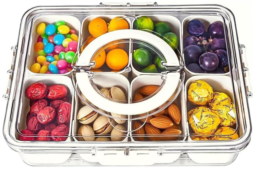 KIGITIONE Divided Snackle Box, 8 Compartments Portable Serving Tray with Lid and Handle, Clear Snack Platter Organizer for Fruits, Snacks, Nuts, Candy, Ideal for Party, Travel & Picnics