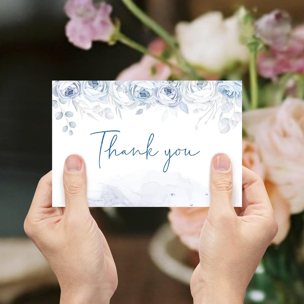 Oaken Leaford 48 Pack Pre-Folded Floral Thank You Cards with Envelopes & Stickers, 6 Elegant Flower Designs for Wedding, Baby Shower, Teacher Gifts(Blue Floral)