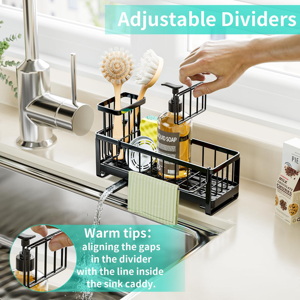 HapiRm Sponge Holder for Kitchen Sink - Self-draining Sink Caddy with Brush and Dishcloth Holders, Stainless Steel Kitchen Organizer for Countertop - Black