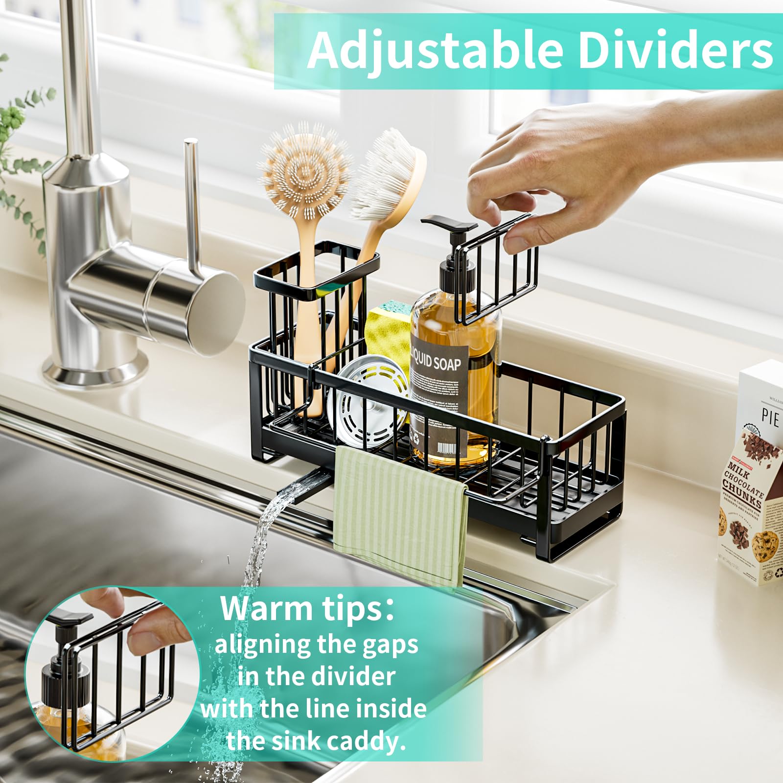 HapiRm Sponge Holder for Kitchen Sink - Self-draining Sink Caddy with Brush and Dishcloth Holders, Stainless Steel Kitchen Organizer for Countertop - Black