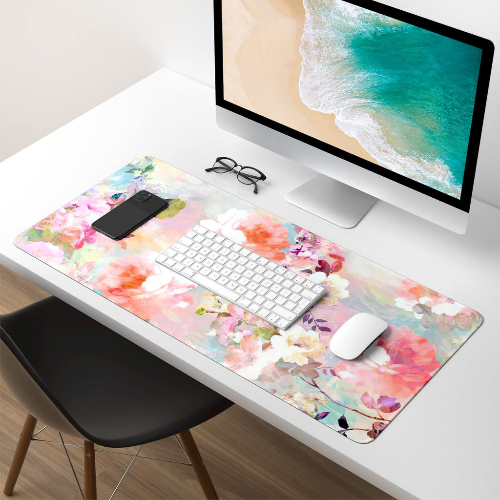 Atufsuat Extended Gaming Mouse Pad, XXL Large Desk Pad 30 x 14 Inch, Big Computer Keyboard Mousepad, Waterproof Mouse Mat with Stitched Edges and Non-Slip Base for Women Office Gaming, Flower