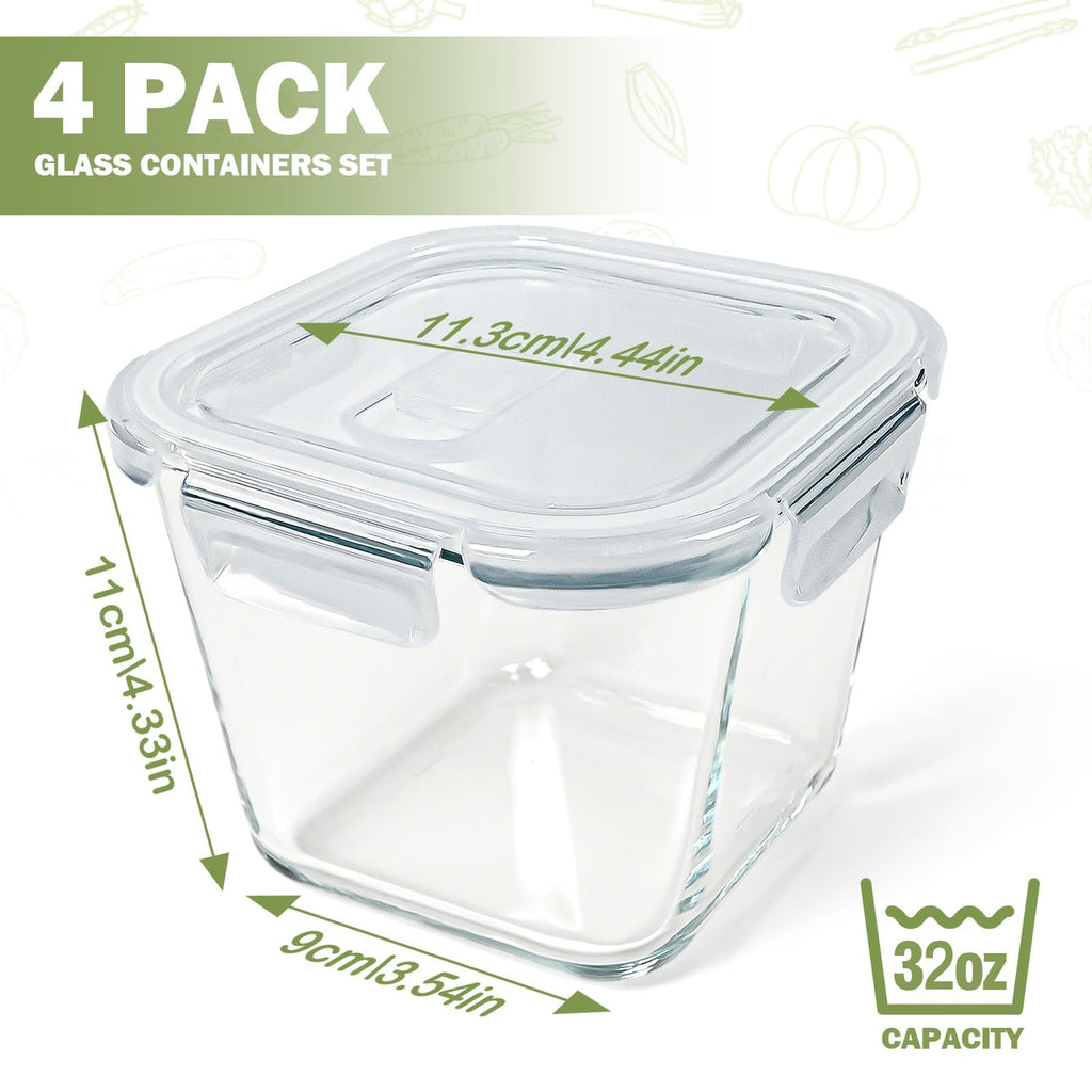 Soup Containers with Lids Glass 32 oz, 4 Cup Borosilicate Glass Food Storage Containers, Microwave & Freezer Safe Jars, Small Square Meal Prep Bowl for Salad, Fruit, Lunch,Travel,Ice Cream,4 Pack