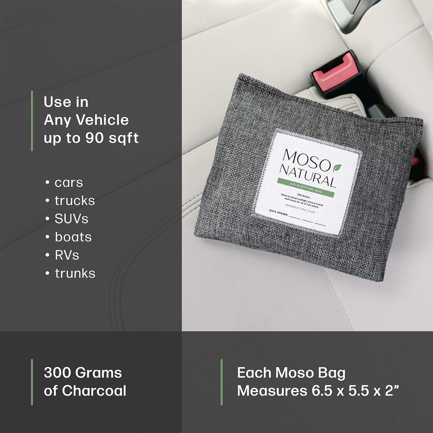 Moso Natural Car Air Freshener and Deodorizer | Long Lasting Bamboo Charcoal Odor Absorber | Non Toxic Odor Eliminator for Cars | Scent Free Air Purifying Bag (2 Pack)