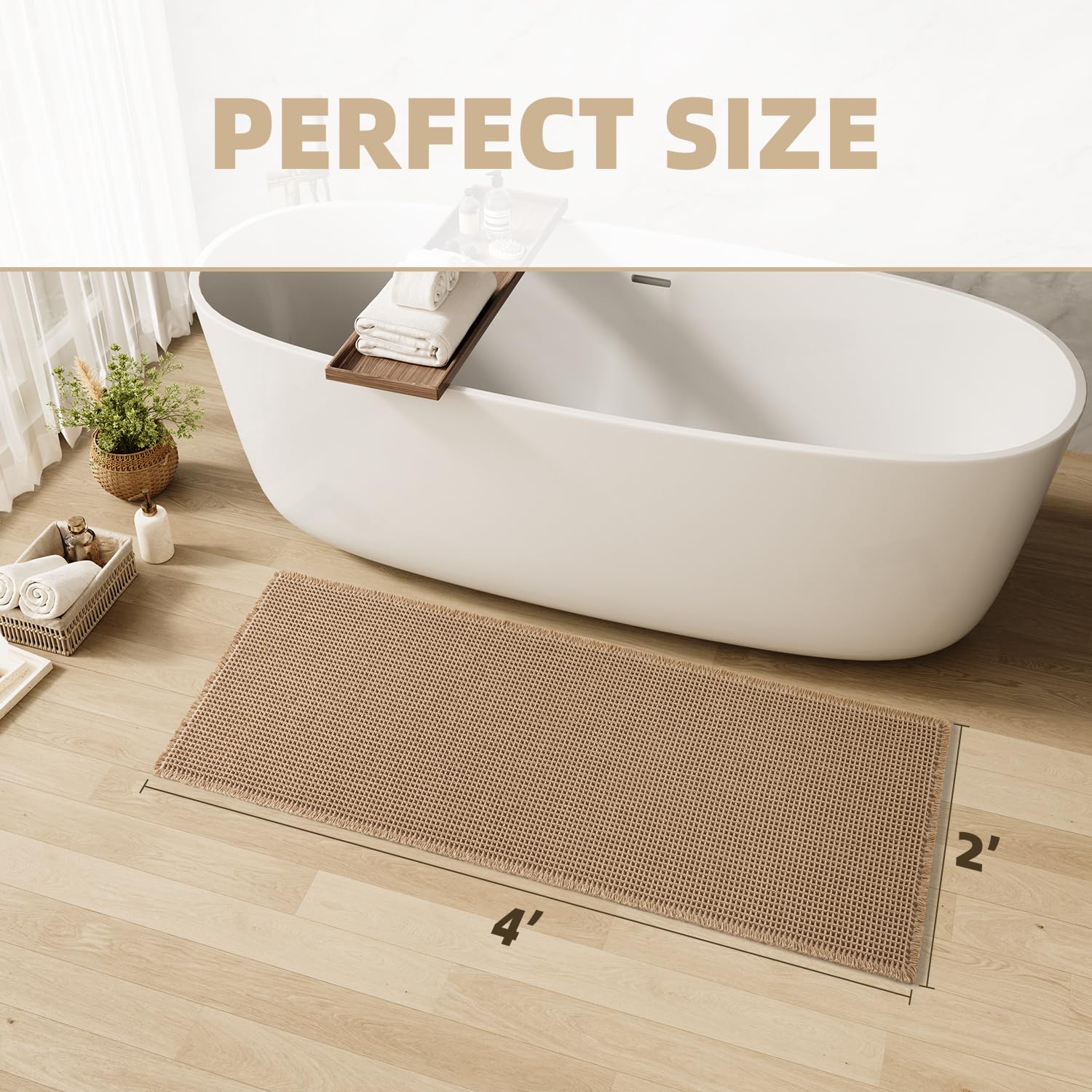 Upgraded Waffle Bathroom Runner Rug, Super Absorbent Bath Mats Non Slip Washable Long Bathroom Mat Ultra Soft Bath Runner Rugs for Hallway Entryway Bedroom Laundry Room Sink, 2'x 4', Brown