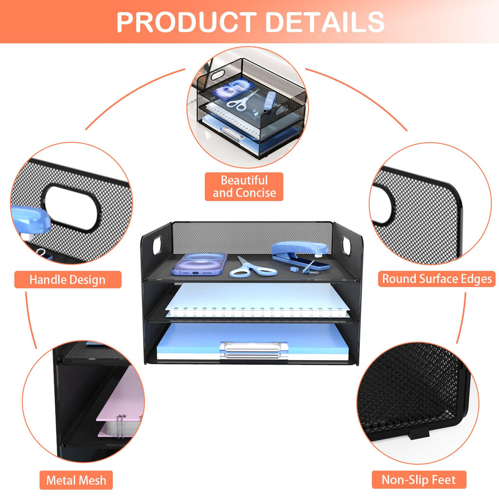 Desk Organizer, 3-Tier Letter Paper Tray Organizer, Desk Organizers and Accessories, Mesh Desktop File Organizer and Storage for Office Supplies (3 Tier Desk Organizer-Black)