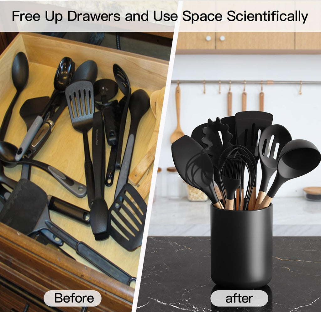 Matte Black Utensil Holder for Countertop, Ceramic Utensil Crock for Kitchen counter Easy to Clean, Modern Cooking Utensil Spatula HolderBy yuyuefourseas 4.4*6.3 Inch