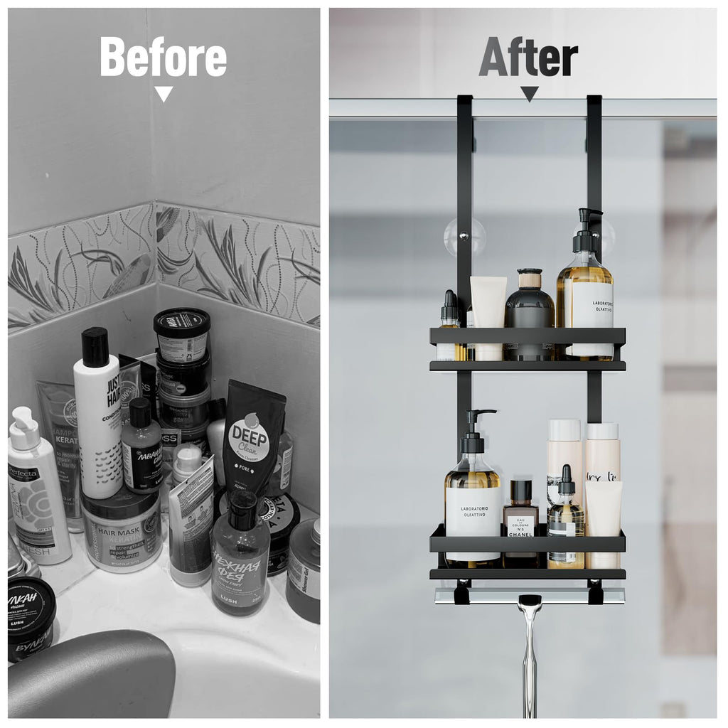 Over the Door Shower Caddy, Hanging Shower Organizer Shelf Basket Storage Rack for Frameless Glass Black Shower Caddy Hanging, Bathroom Organizers, Shower Shelves Bathroom Accessories Set,