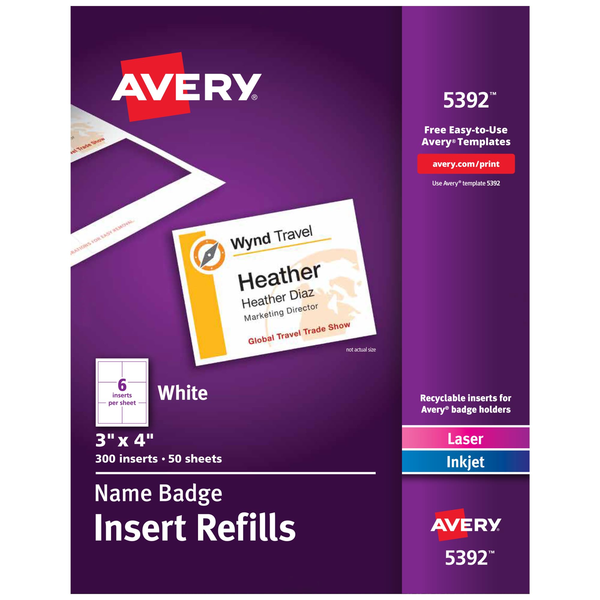 Name Badge Insert Refills, Cardstock, 3" x 4", White