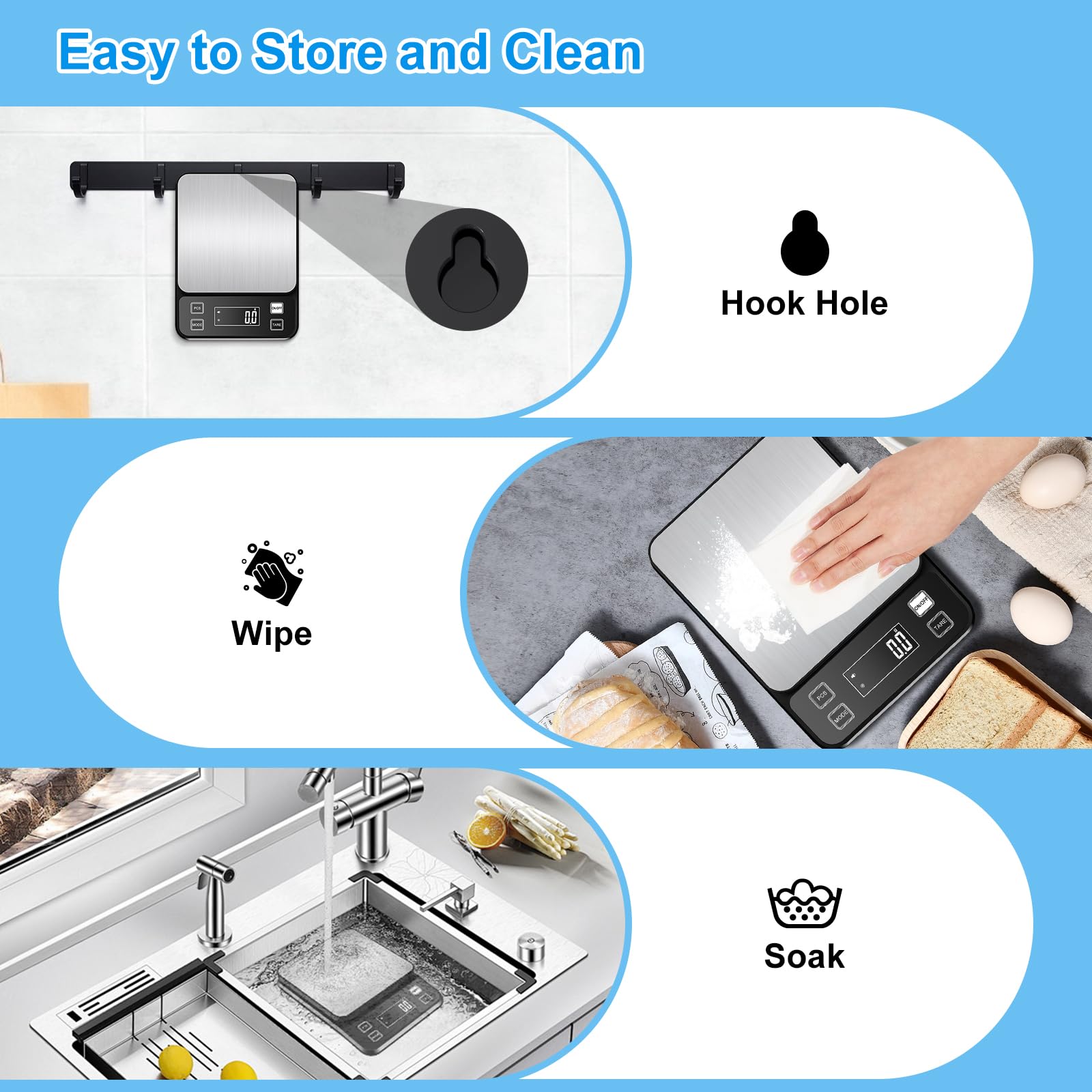 Waterproof Food Scale Rechargeable, [0.1g-10kg/22lb] Diyife Plug in Kitchen Scale with Adjustable LCD Display, 10 Units, Tare, PCS Counting, Auto Off, 304 Stainless Steel, Wall Mount for Cooking