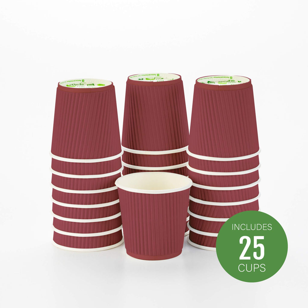 Restaurantware Ripple Wall Coffee Cups 25 Count 4 Ounce Insulated Crimson Paper Cups, Rolled Rim Spill-Resistant Disposable Paper Non-Slip for Coffee, Beverages
