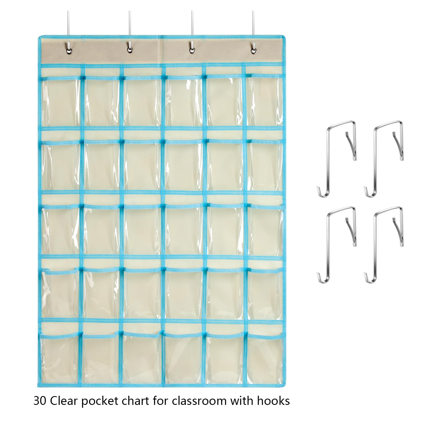 KEEPJOY Hanging Cell Phone Organizer, Classroom Pocket Chart for Calculator Holder with 30 Pockets,Size:33.5 x 24.5 Inch Clear Pocket Chart (Off White)