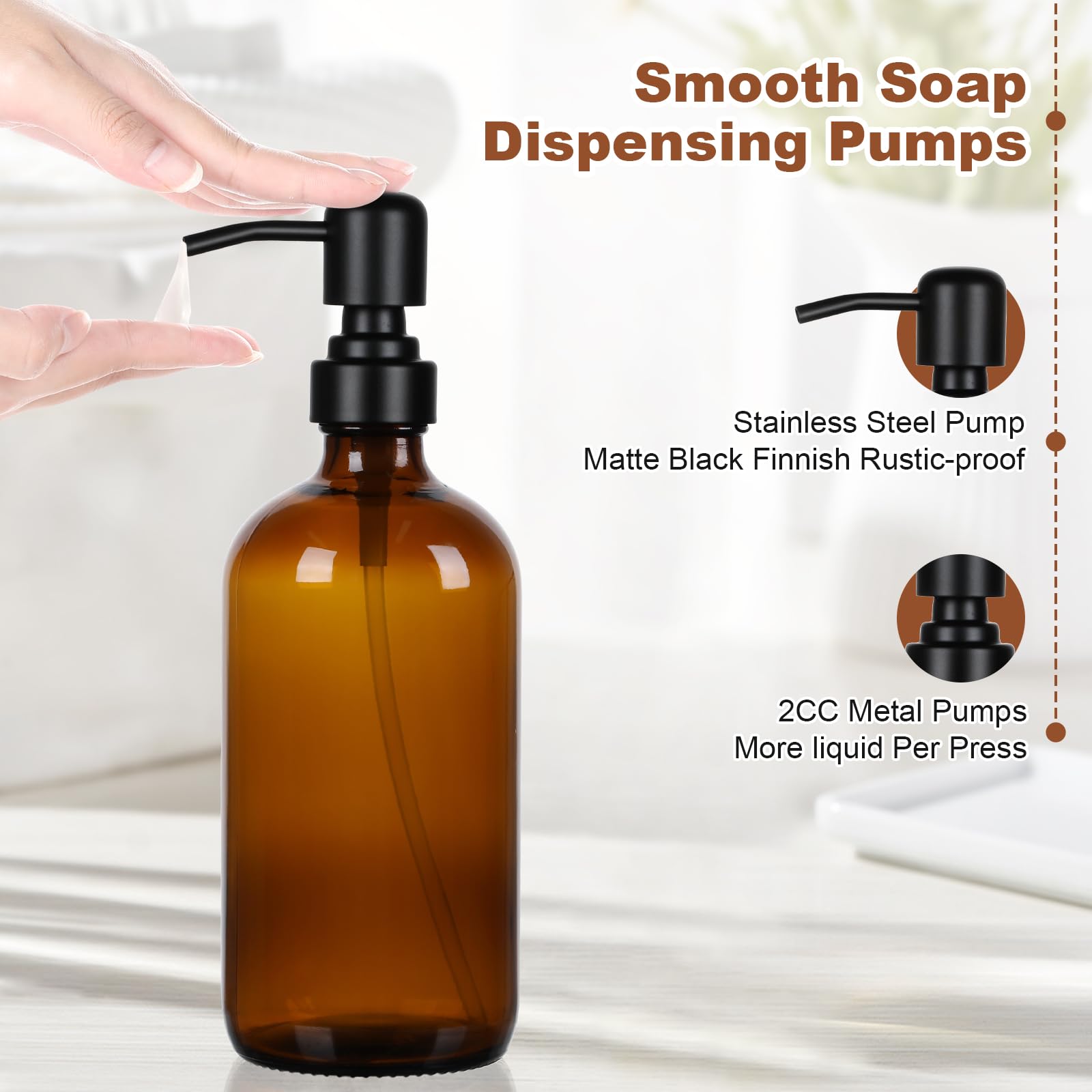 Ceecysaa Glass Soap Dispenser, 500 ml Soap Dispenser, 2 Pack Bathroom Hand Soap Dispenser with Pump, Amber Glass Bottles,Hand and Dish Soap Dispensers Sets for Kitchen,Bathroom