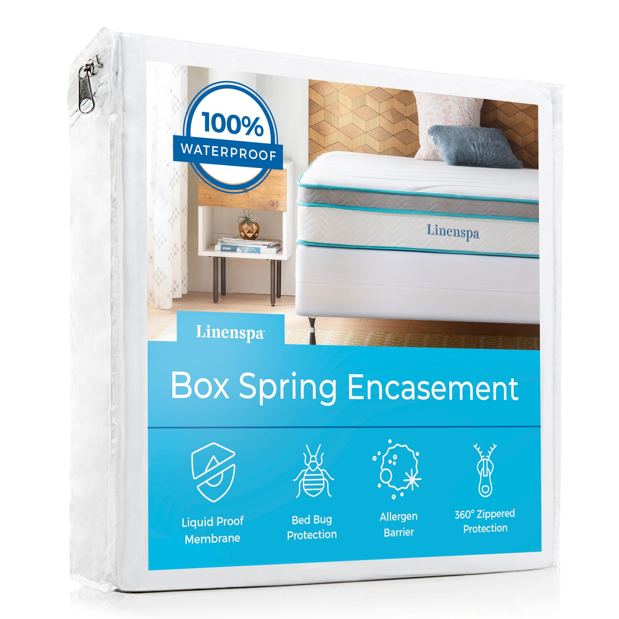 LINENSPA Waterproof Bed Bug Proof Box Spring Encasement Protector - Blocks out Liquids, Bed Bugs, Dust Mites and Allergens - Queen