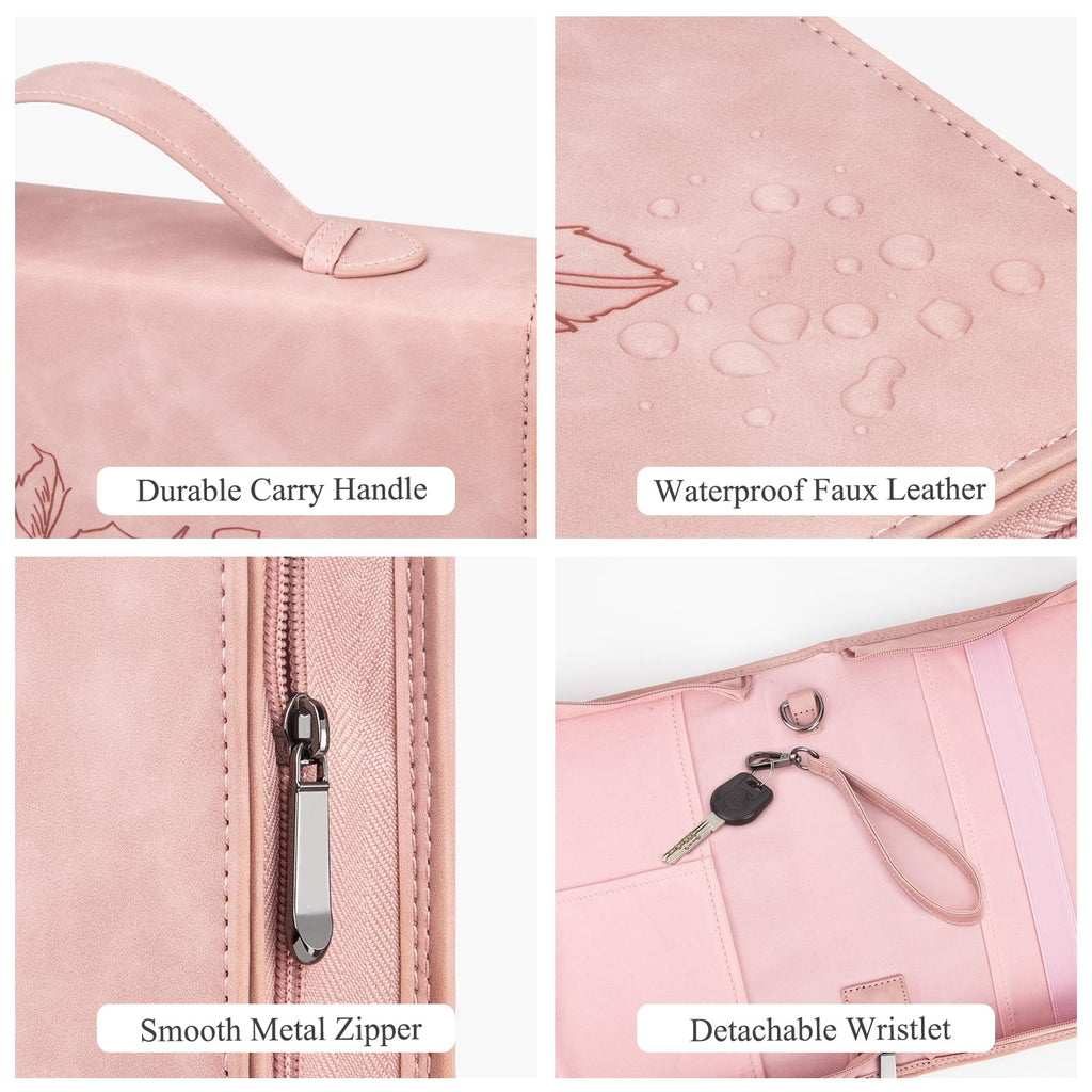 CITYCHASE Bible Cover for Women - Leather Study Case with Bookmark, Supplies Carrying Bag Tote with Strap, Personalized Book Organizer for Journaling - Pink