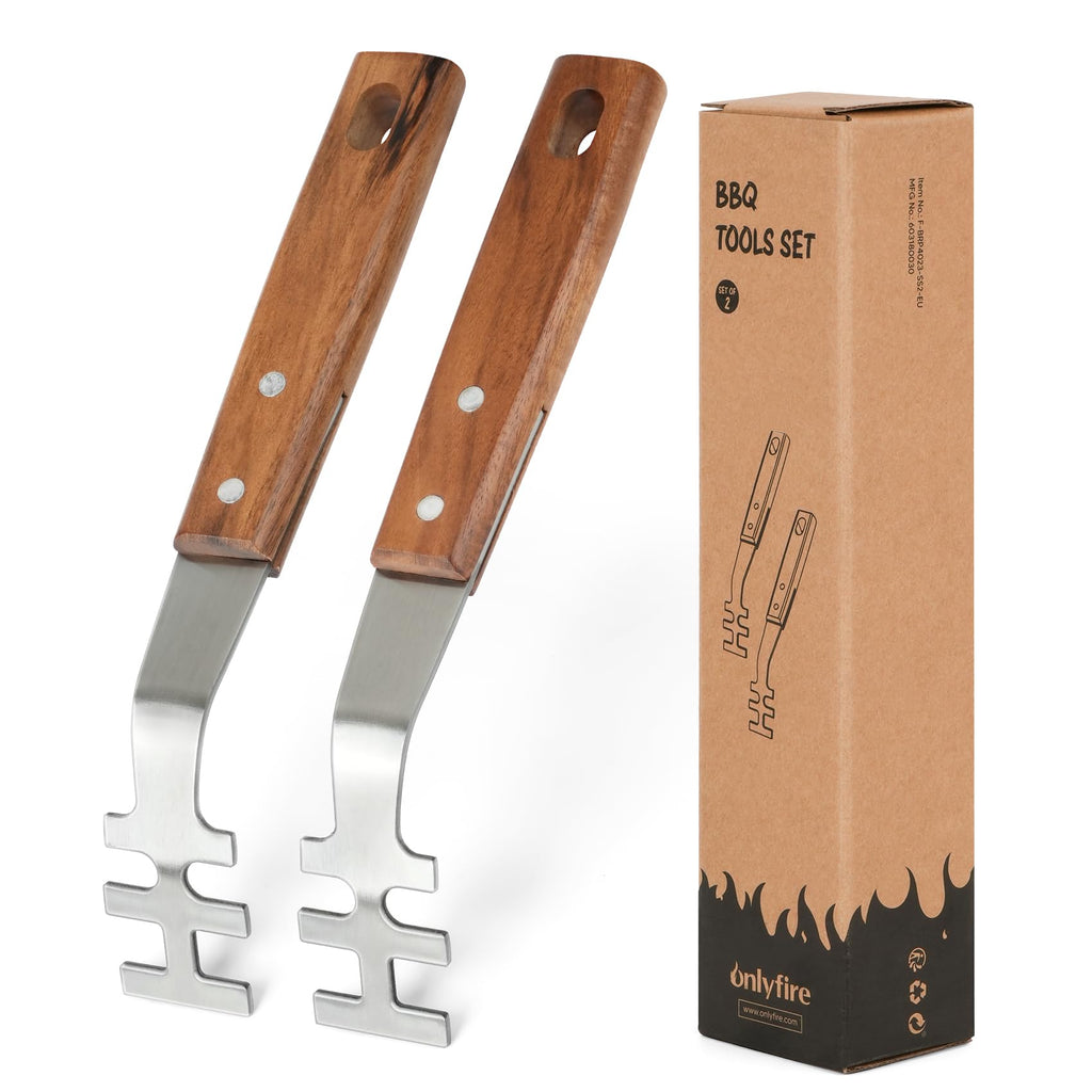 onlyfire 2PCS Stainless Steel Grill Grate Lifters with Acacia Wood Handle, BBQ Grate Lifter Tool for Safe Handling of Hot Grates, BBQ Accessories