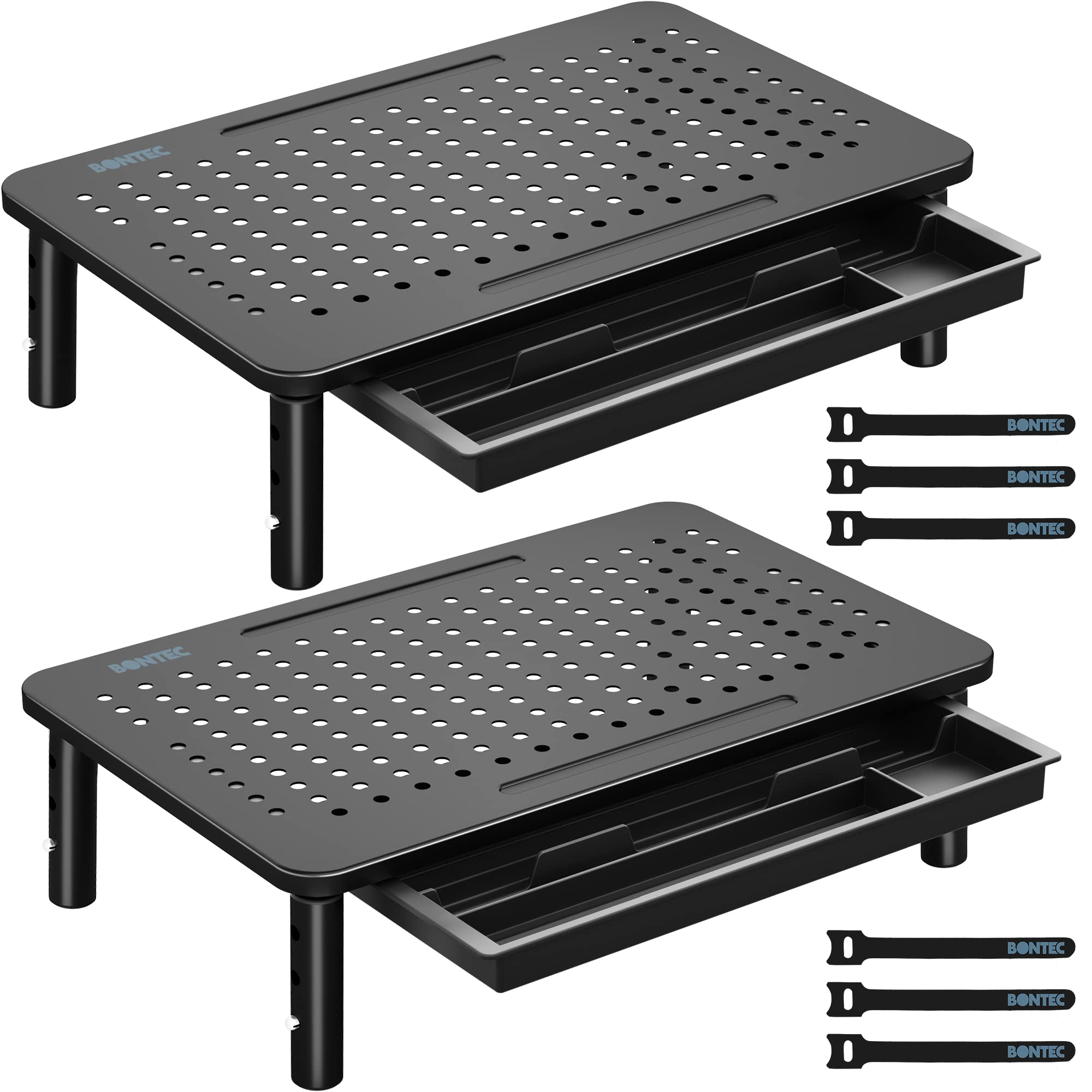 BONTEC 2 Pack Monitor Stand Riser, 3 Height Adjustable Monitor Stand for Desk, Computer Monitor Riser Stand with Mesh Platform for Laptop, Computer, iMac, PC (Black, 2 Pack with Storage)