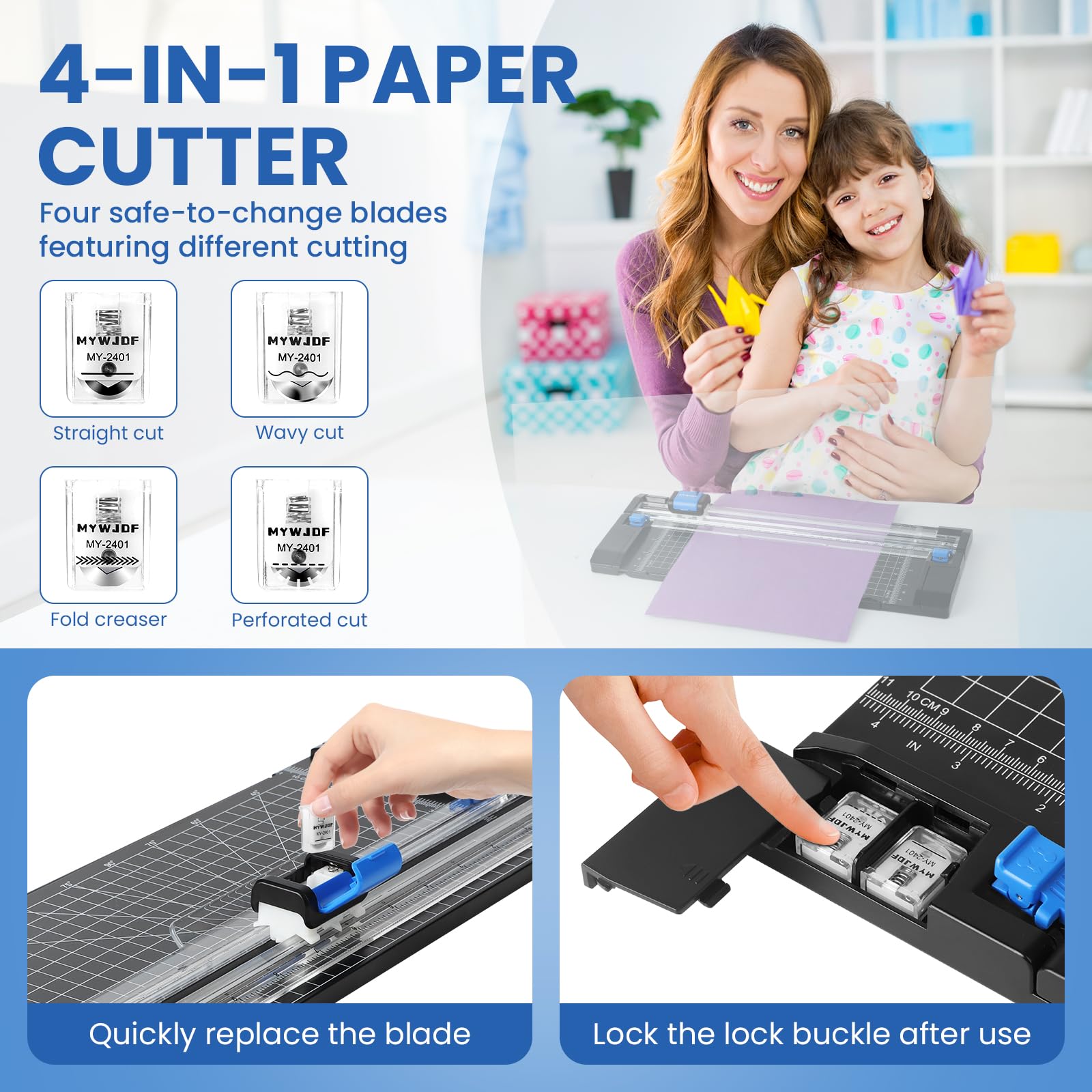 Paper Cutter, 12 Inch Rotary Trimmer, 5 Blades 4 Functions, Up to 6 Sheets Cut, with 2 Reversible Cutting Mats, Black Patent for Cardstock Scrapbooking