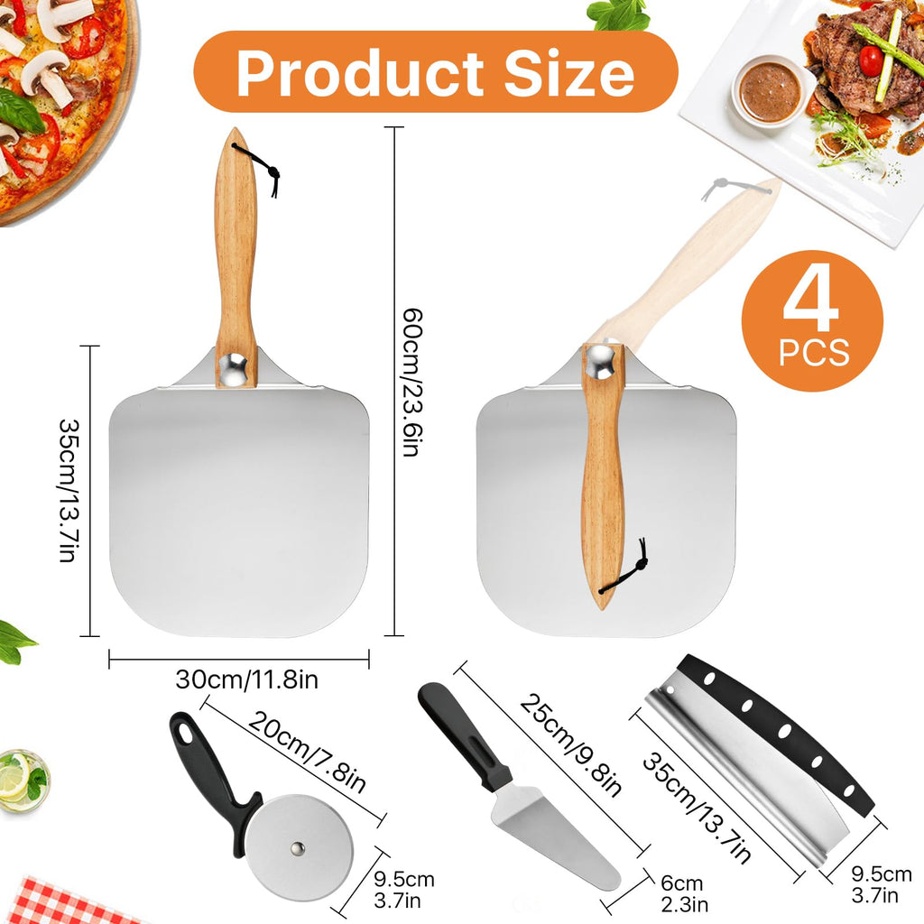 Worldity 4 Pcs Pizza Oven Accessories Set, Stainless Steel Pizza Peel, Foldable Pizza Spatula with Pizza Cutter and Shovel, Pizza Paddle for Baking Pizza, Bread, Pastry