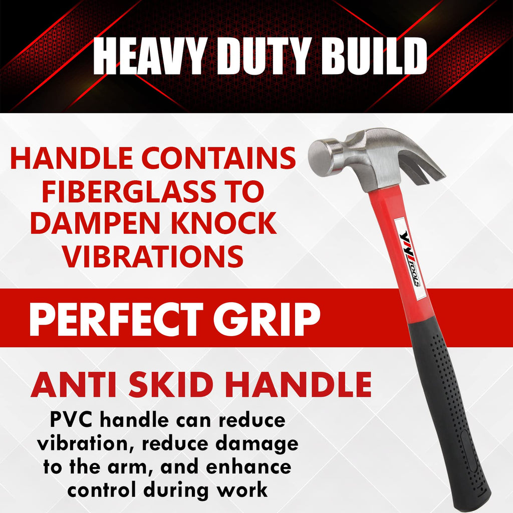 YIYITOOLS Claw Hammer with Fiberglass Handle – 16-oz, Red and Black (YY-1-003)