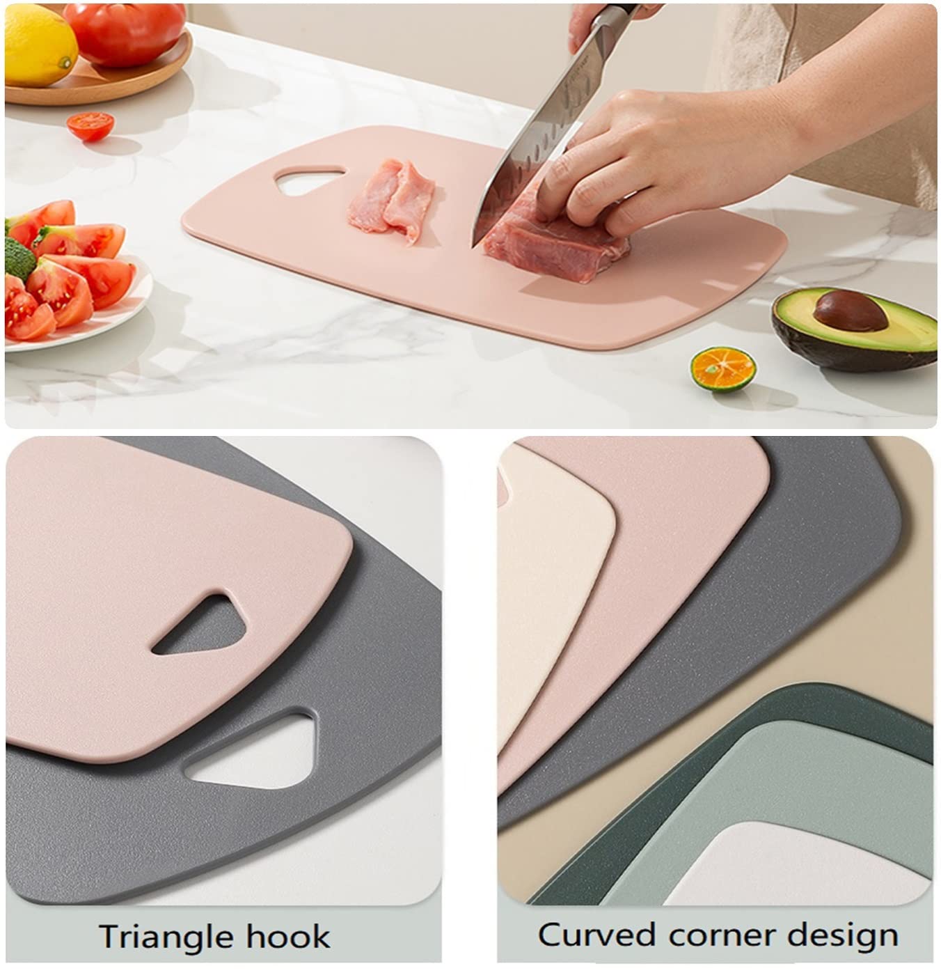 Cutting Boards for Kitchen,Plastic Cutting Board Set of 3, Thick Chopping Boards for Meat, Veggies, Fruits, with Easy Grip Handle,Dishwasher Safe (CBPink-CA)