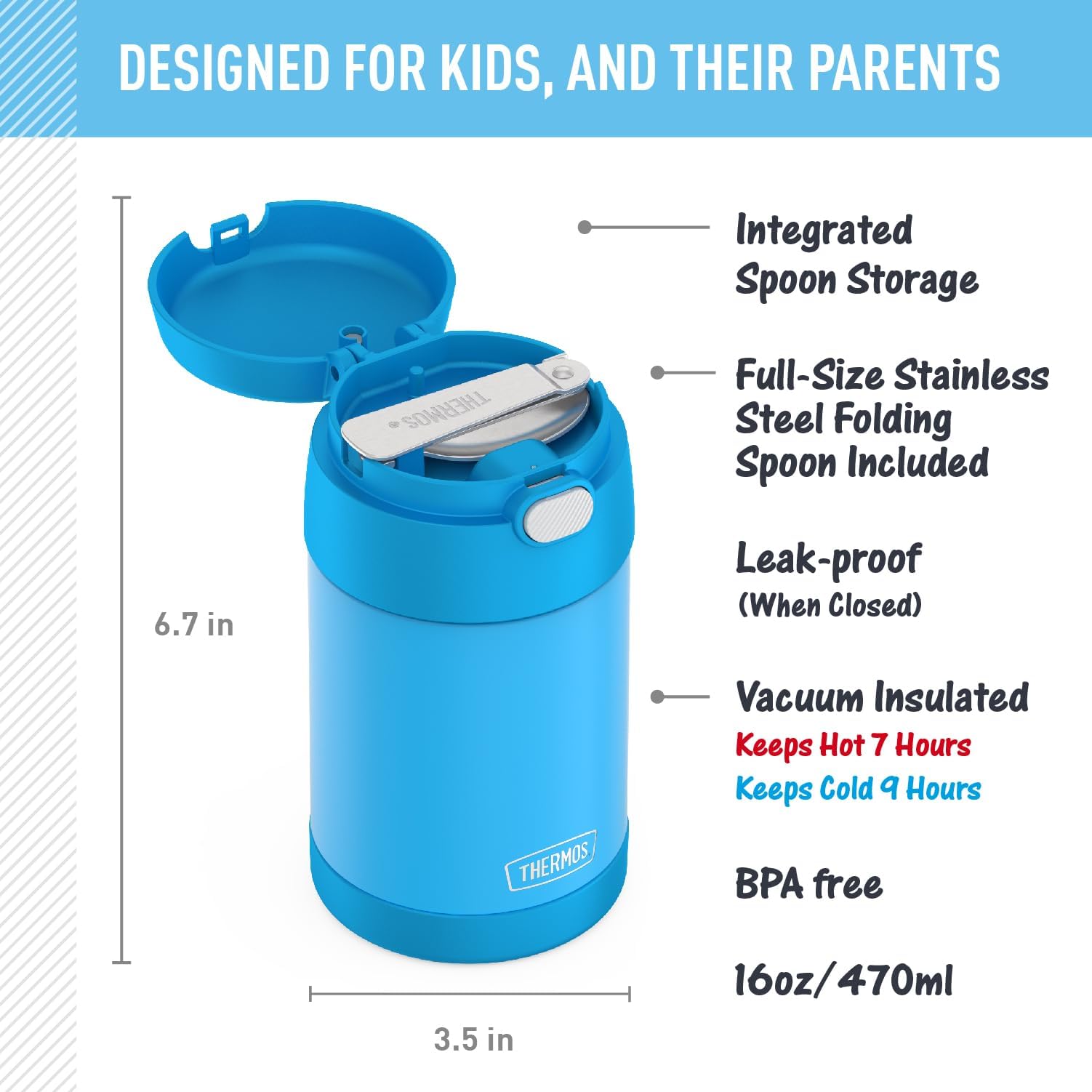 THERMOS FUNTAINER 16 Ounce Stainless Steel Vacuum Insulated Food Jar with Folding Spoon, Denim Blue
