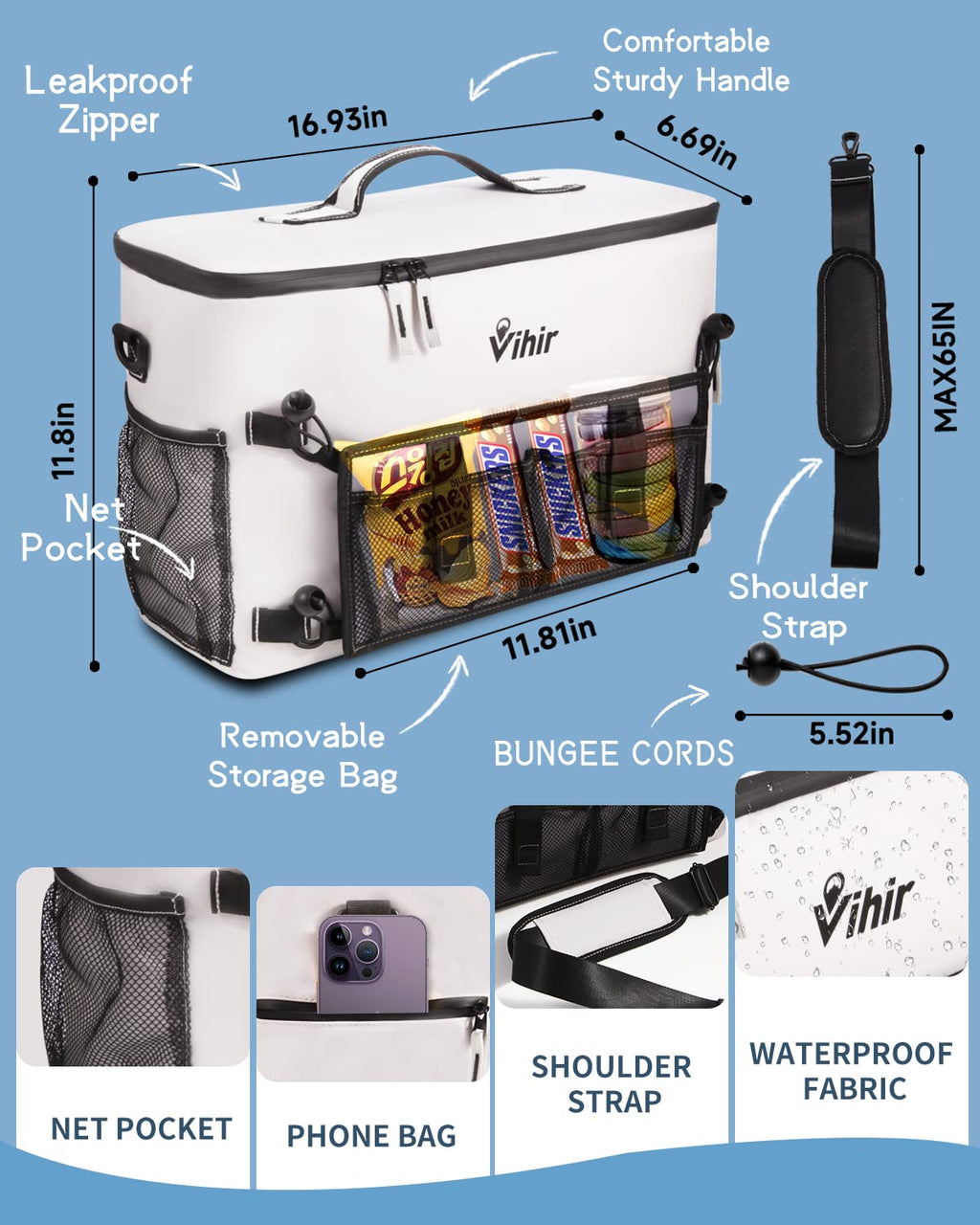 Vihir Waterproof Large Kayak Cooler with Multiple Storage Pockets, for Kayaks with Lawn-Chair Style Seats, for Camping,Travel, Lunch, Beaches Trips
