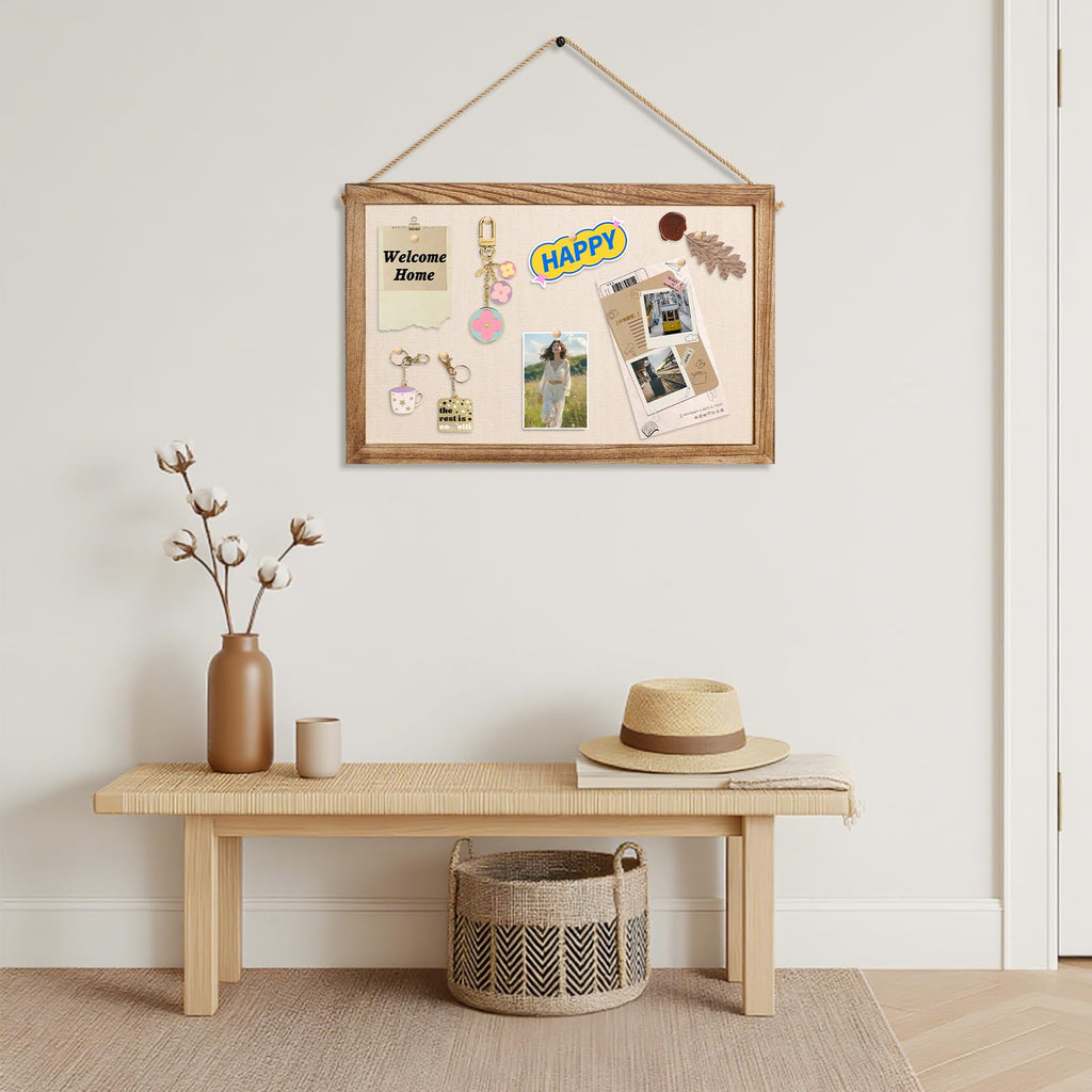 Emfogo 2-Pack Cork Board with Linen 16x11 inch Bulletin Boards Wall Decor Hanging Pin Wood Framed Display Bulletin Cork Picture Board Light for Room School Office Bedroom 20-Pushpin （Torched Wood）
