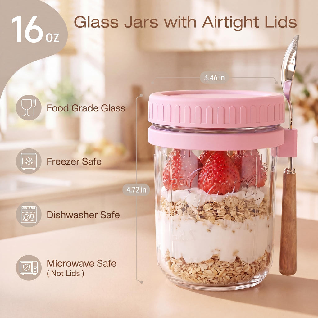 HomArtist Glass Overnight Oats Containers with Lids and Spoon, 16 oz Wide Mouth Mason Jars for Overnight Oats, Cereal, Yogurt & Salad Lunch Container with Measurement Marks - Pink 4 Pack