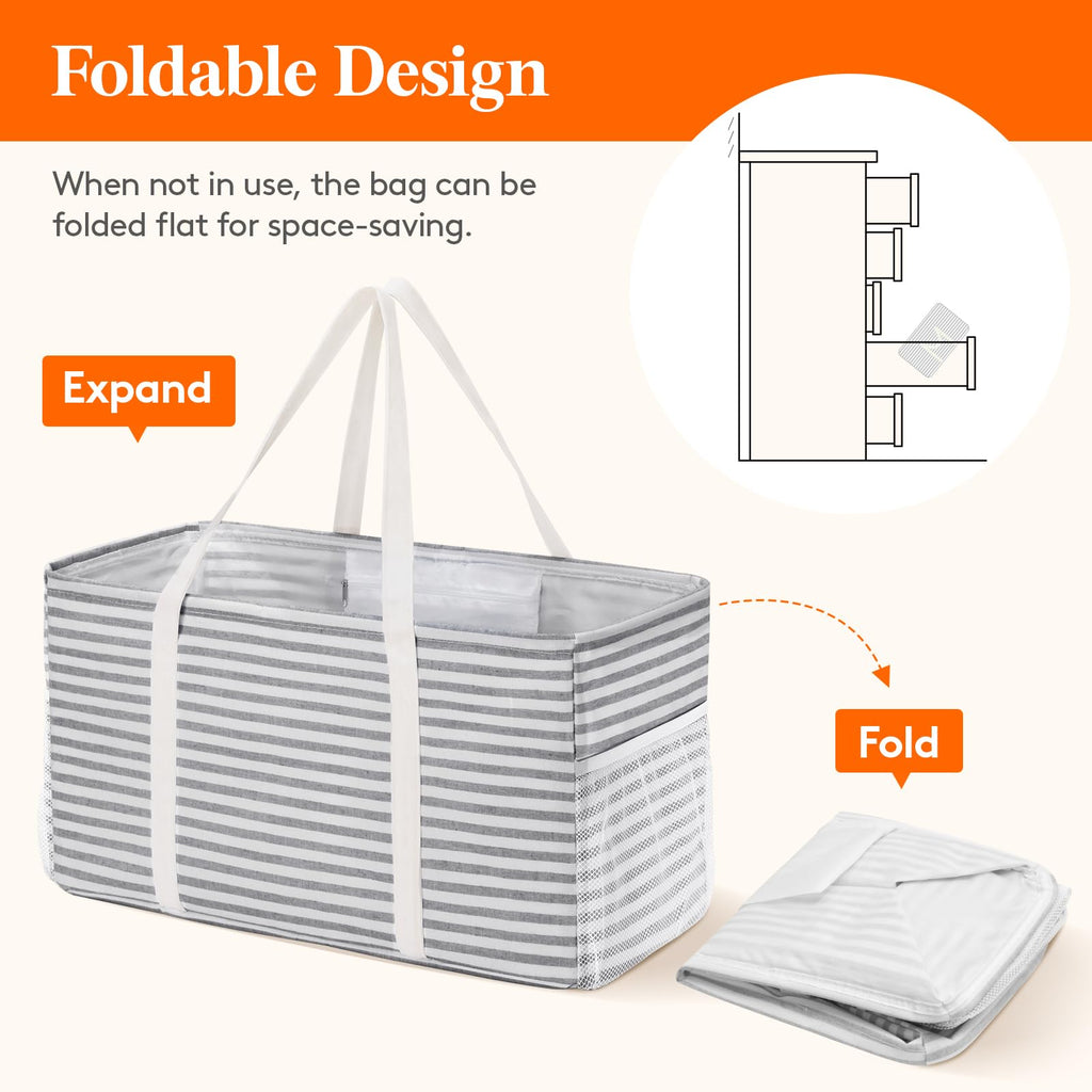 Lifewit 1 Pack Extra Large Grocery Bags, Standing Reusable shopping bags, Foldable Utility Heavy Duty Tote Bags, with Metal Wire Frame and Handles, for Storage, Picnics, Beach, Car, Camping, Grey