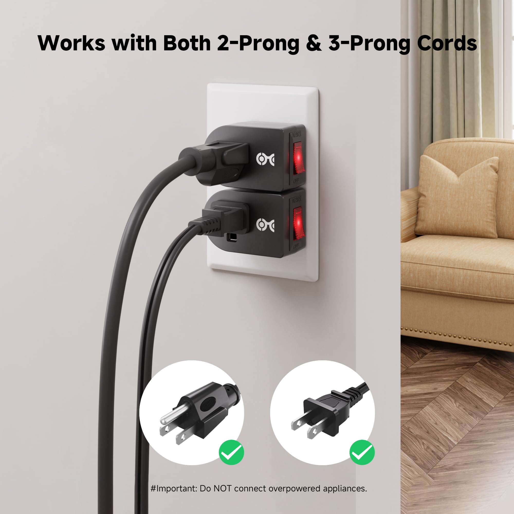 Cable Matters 3 Pack Grounded Outlet with ON Off Switch, Single Outlet Switch / Plug Switch in Black