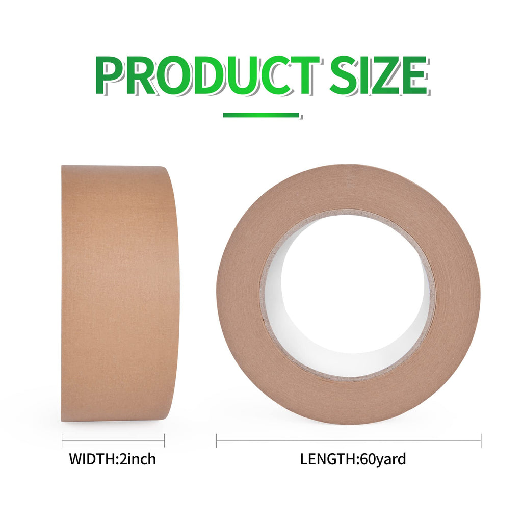 TAPEBEAR 6 Rolls Eco-Friendly Kraft Paper Tape, 2inch x 60yards Biodegradable Kraft Paper Tape, Recyclable Writable Packing Tape, Non-Coated Surface for Masking, Sealing, and Packaging Use