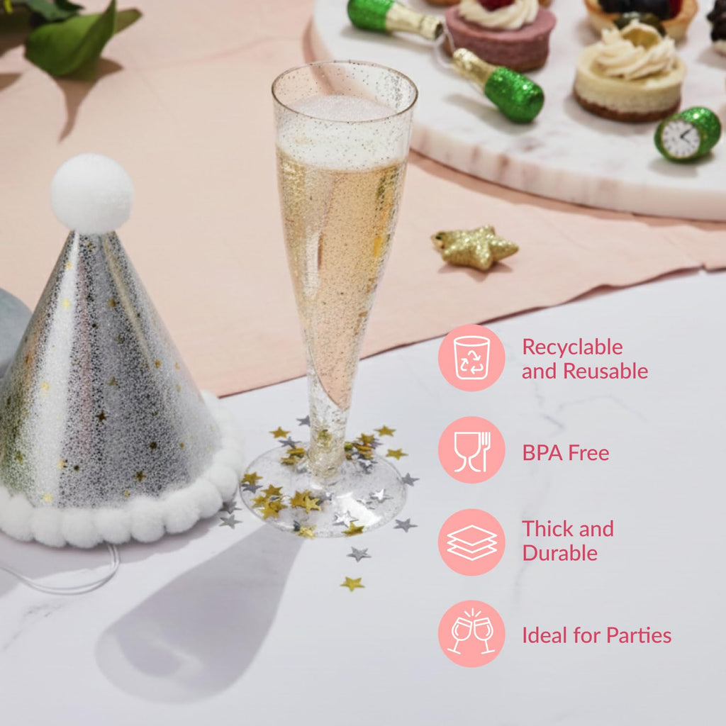 100 Plastic Champagne Flutes - Disposable Gold Glitter Plastic Champagne Glasses - Parties, Mimosa Bar, Events, Wedding, Shower Supplies - Disposable Wine Glass