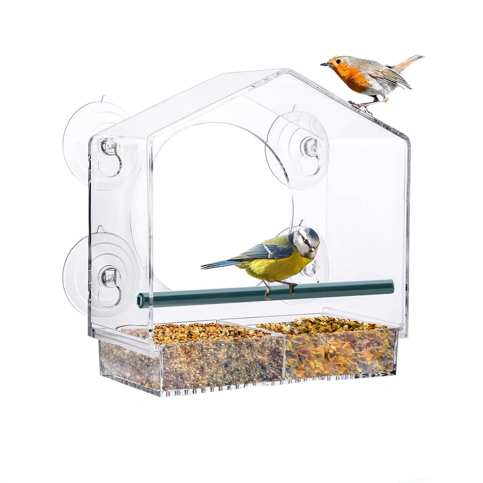 Window Bird-Feeder Birdfeeders-House Crystal Clear-Acrylic - with Strong Suction Cups and Sliding Seed Tray with Drain Drainage Holes