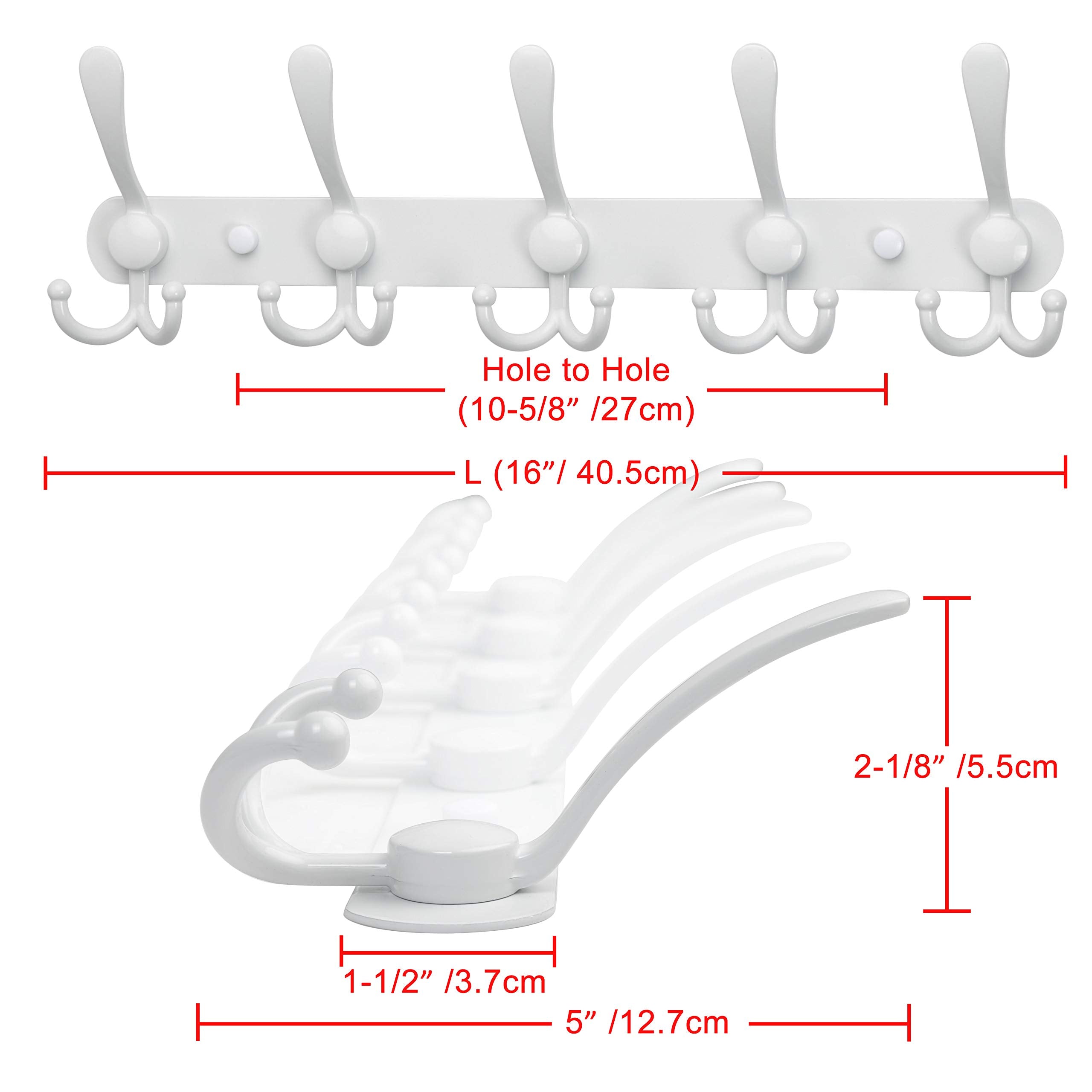 SKOLOO Wall Mounted Coat Rack, 5 Tri Hooks - Heavy Duty, Stainless Steel Coat Hooks for Hanging, Coat Hanger Wall Mount, Hook Rack, White, 2 Packs