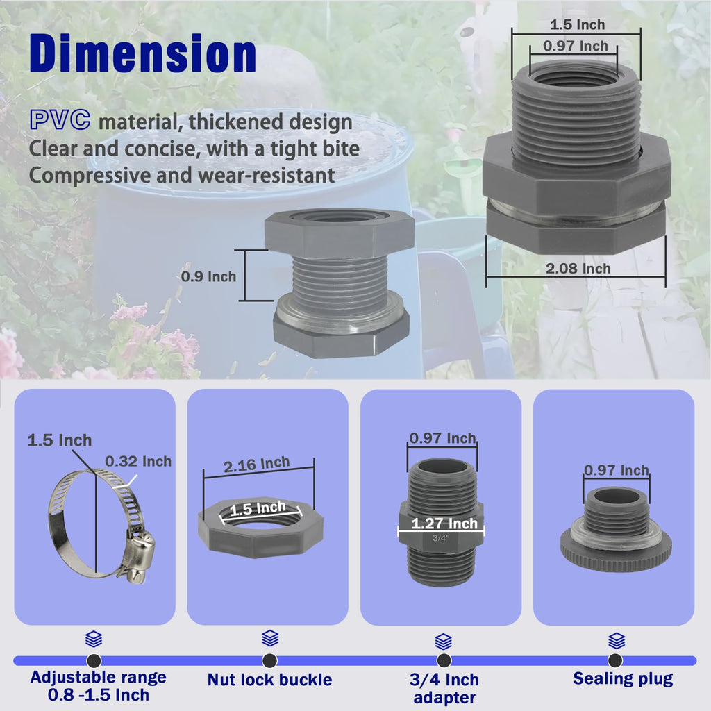 PVC Bulkhead Fittings Rain Barrel 3/4 Inch Female Thread With Stock Strap, Throat Clamp, 3/4 Dual Thread Male Fitting, Plug For Tanks, Swimming Pools, Aquariums