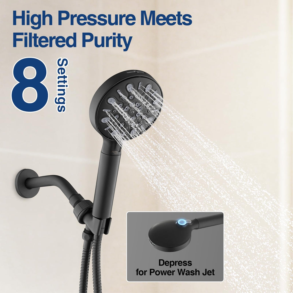 ANNWA Filtered Shower Head with Multi-Spray Modes, High Pressure Handheld Showerhead Filter for Hard Water Filtering Showerhead with Hose(N8HS702MB)
