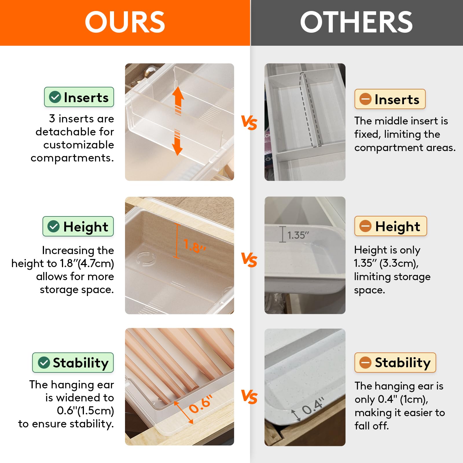 Lifewit Sliding Makeup Drawer Organizer Trays with Inserts, Extendable Hanging Desk Drawer Divider, Fits 13-20" Deep Drawers, 1.8" High Plastic Organizer Tray for Vanity, Office, Kitchen, Translucent